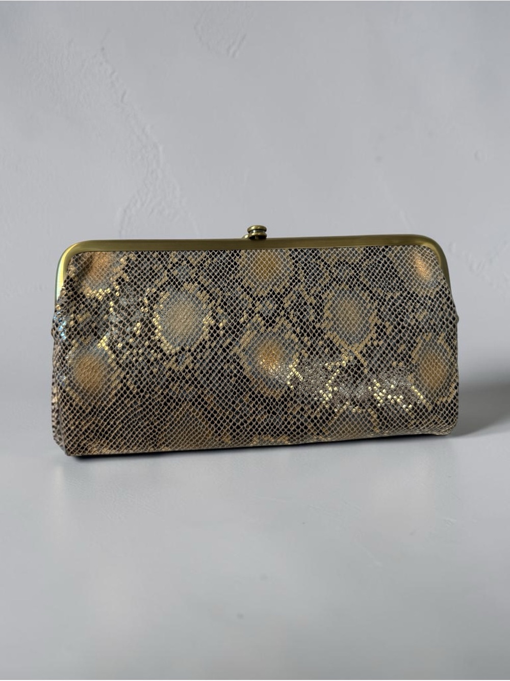 Convertible HOBO Gold Snake-Print Frame Clutch